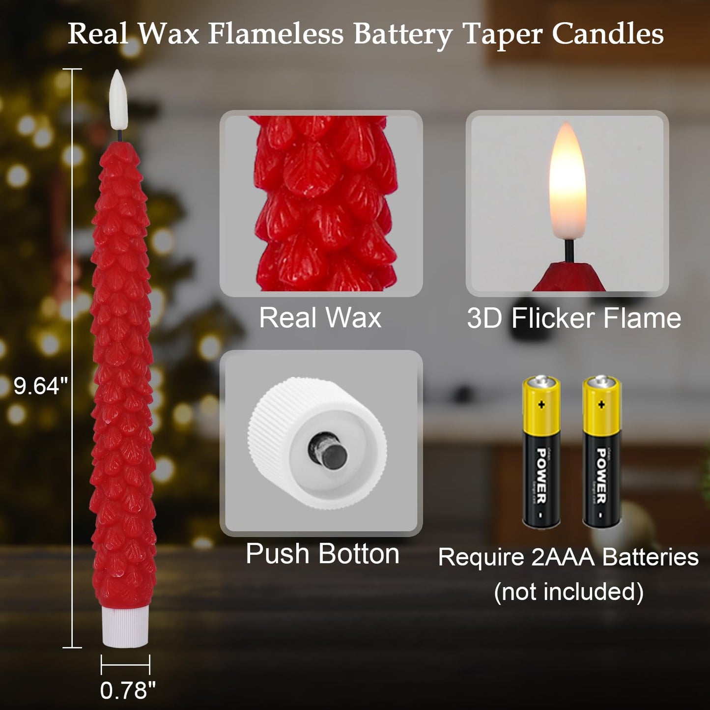 KunSwenn Christmas Tree Candles, 4 Pack Christmas Taper Candles with Remote Timer, Red LED Flameless Taper Christmas Candle Battery Operated for Holiday Xmas Decor(0.78” x 9.64”)