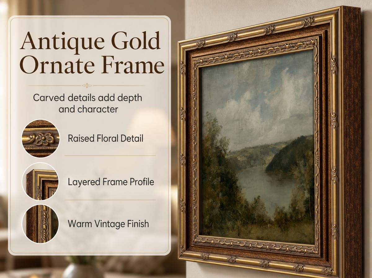 KKP Vintage Gold Framed Lake Wall Art, Gloomy River Painting Canvas Prints