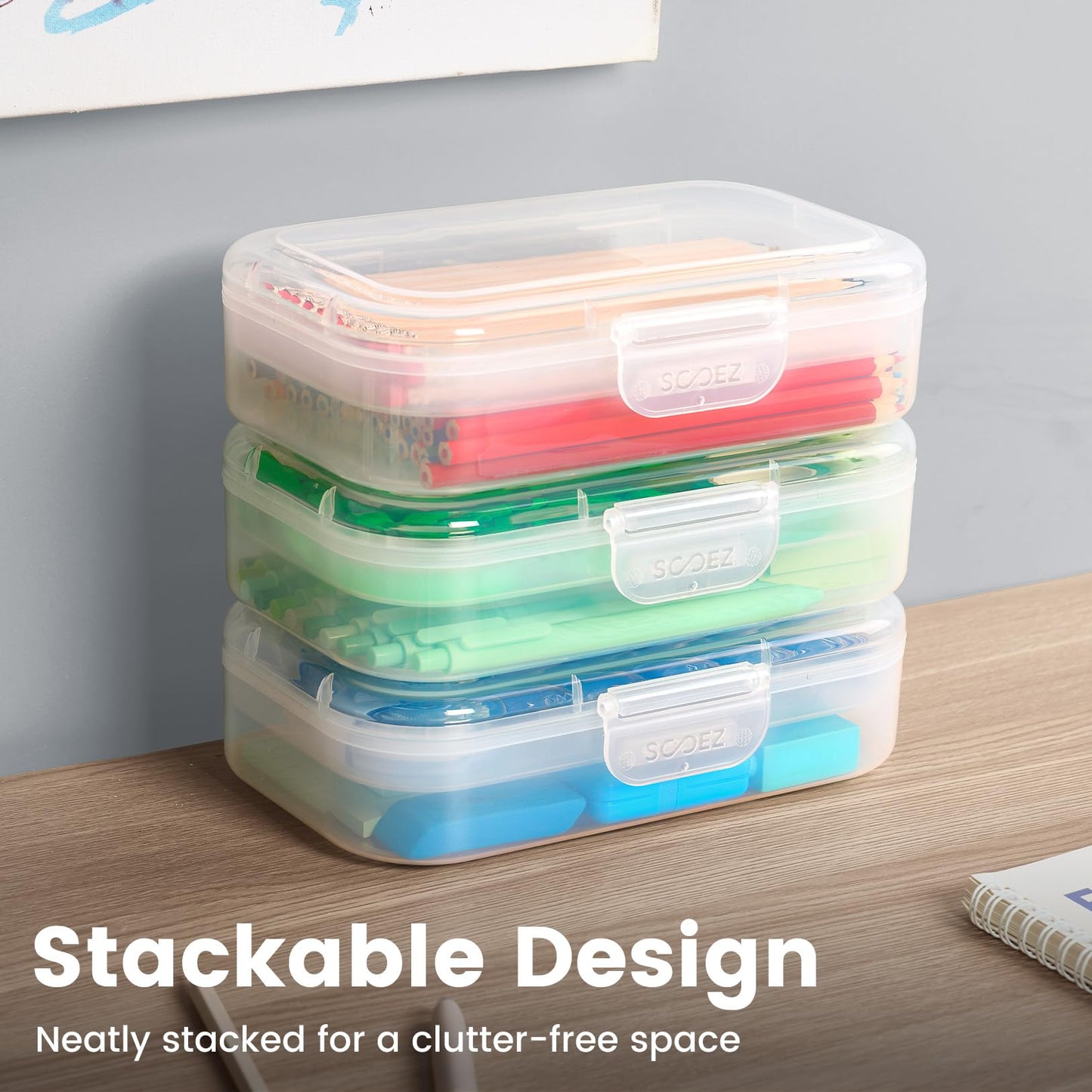 Sooez 6 Pack Pencil Box, Plastic Pencil Case Holder with Latch, Clear Crayon Box Marker Organizer, Large Craft Storage Boxes, Stackable Storage Containers for Art School Supplies
