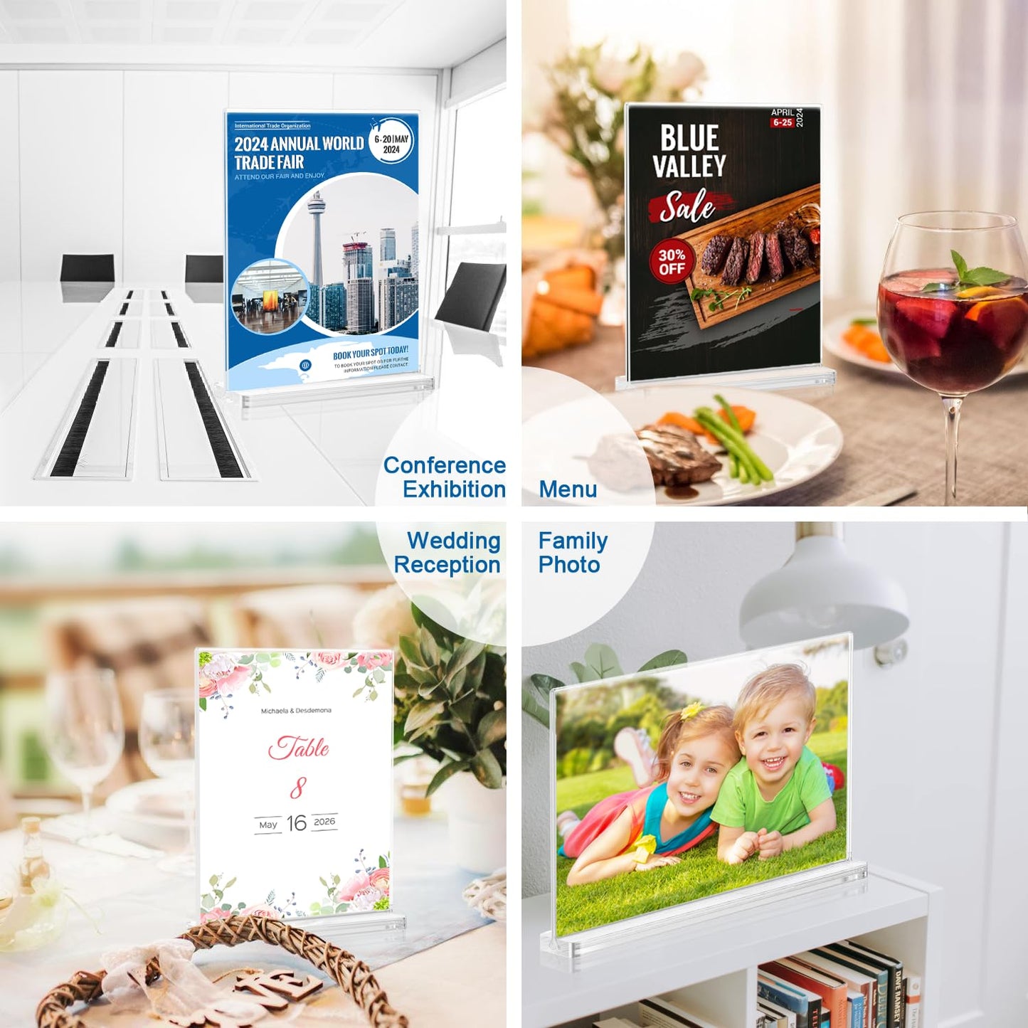 BlueValley Acrylic Sign Holder 7x5 - Double Sided Sign Stand Clear Paper Display Holder for Menu, Flyer, Document or Picture | Desktop Plastic Frame for Office, Store, Restaurant, Show Fair - 6 Pack
