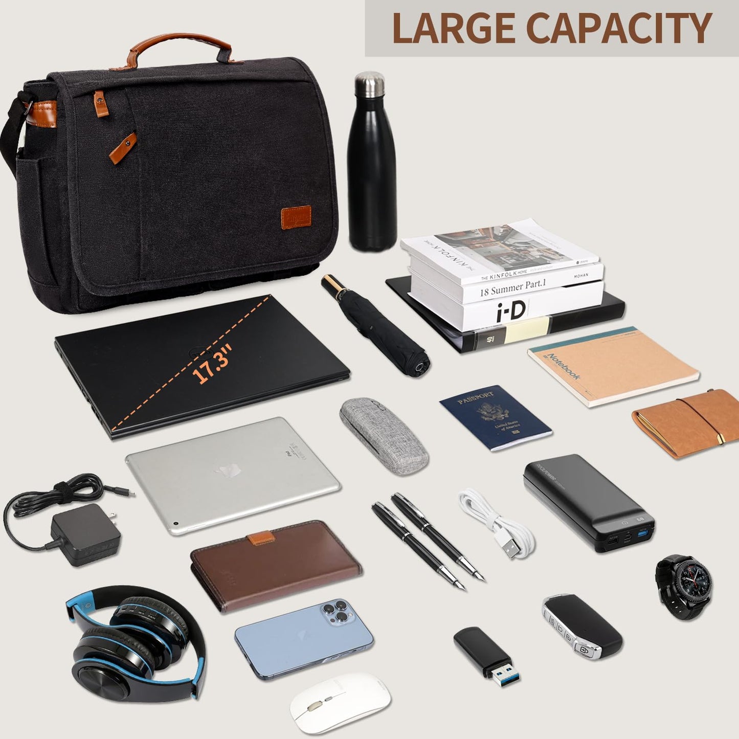 ESTARER Messenger Bag 17.3 Inch, Mens Computer Bag for Teacher/College/Work/Travel, Water-resistant Canvas Laptop Bag Satchel Briefcase, Dark Grey