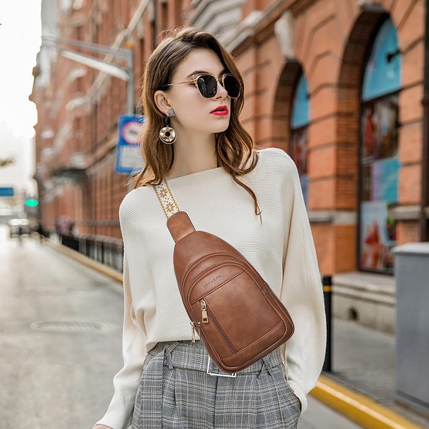 SENDEFN Small Sling Bag for Women Leather Crossbody Bags Purse for Travel Fanny Pack Chest Bag with Adjustable Guitar Strap