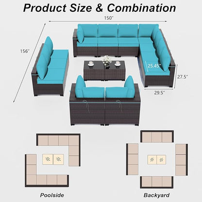 ALAULM 14 Pieces Outdoor Patio Furniture Set Sectional Sofa Sets Brown PE Rattan Patio Conversation Set w/12 Blue Seat Cushions and 2 Coffee Tables