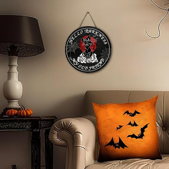 Halloween Black Cat Front Door Signs Hello Darkness My Old Friend Wooden Door Sign Skull Spiderweb Bat Wall Hangers Halloween Door Hanging Decorations for Home Door Porch