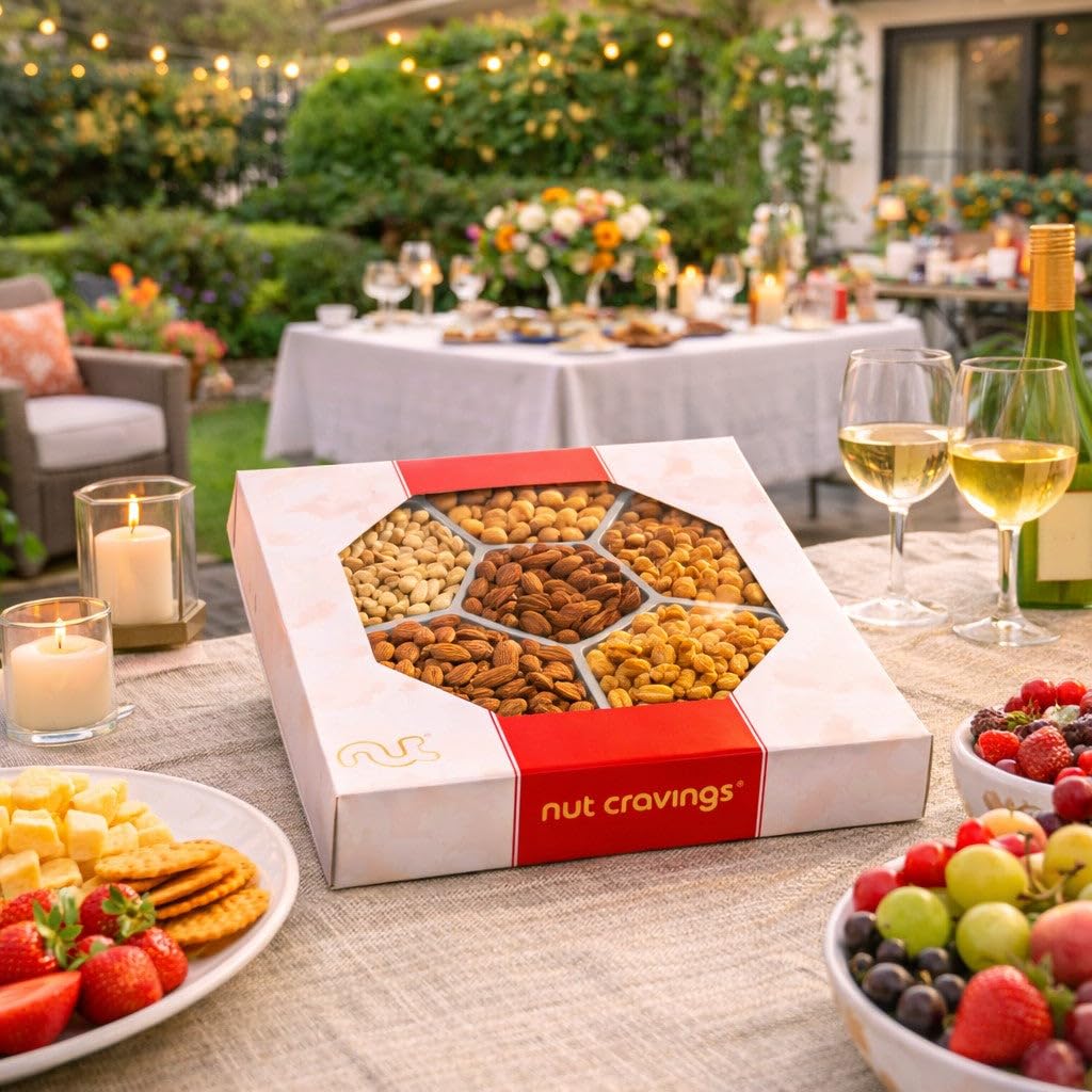 NUT CRAVINGS - Mixed Nuts Gift Basket in Red Gold Classic Box (7 Assortments, 1 LB) Treats for Adults, Food Arrangement, Healthy Snack Care Package, Kosher
