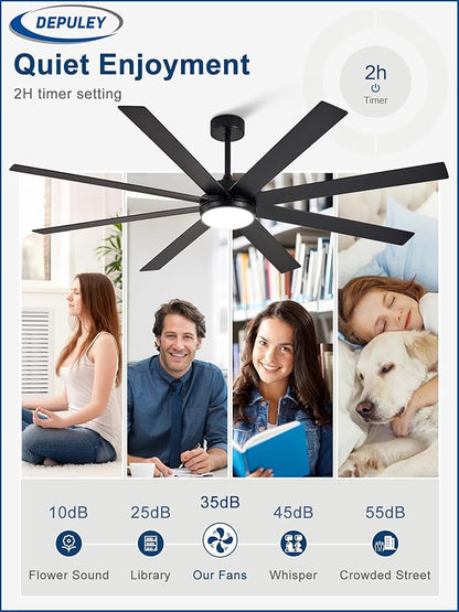 Depuley 72" Ceiling Fans with Lights: Black Indoor/Outdoor Ceiling Fan for Patios Living Room - 8 Blades Dimmable Large Ceiling Fans with Remote APP Control Timer Reversible Quiet DC Motor 6 Speeds
