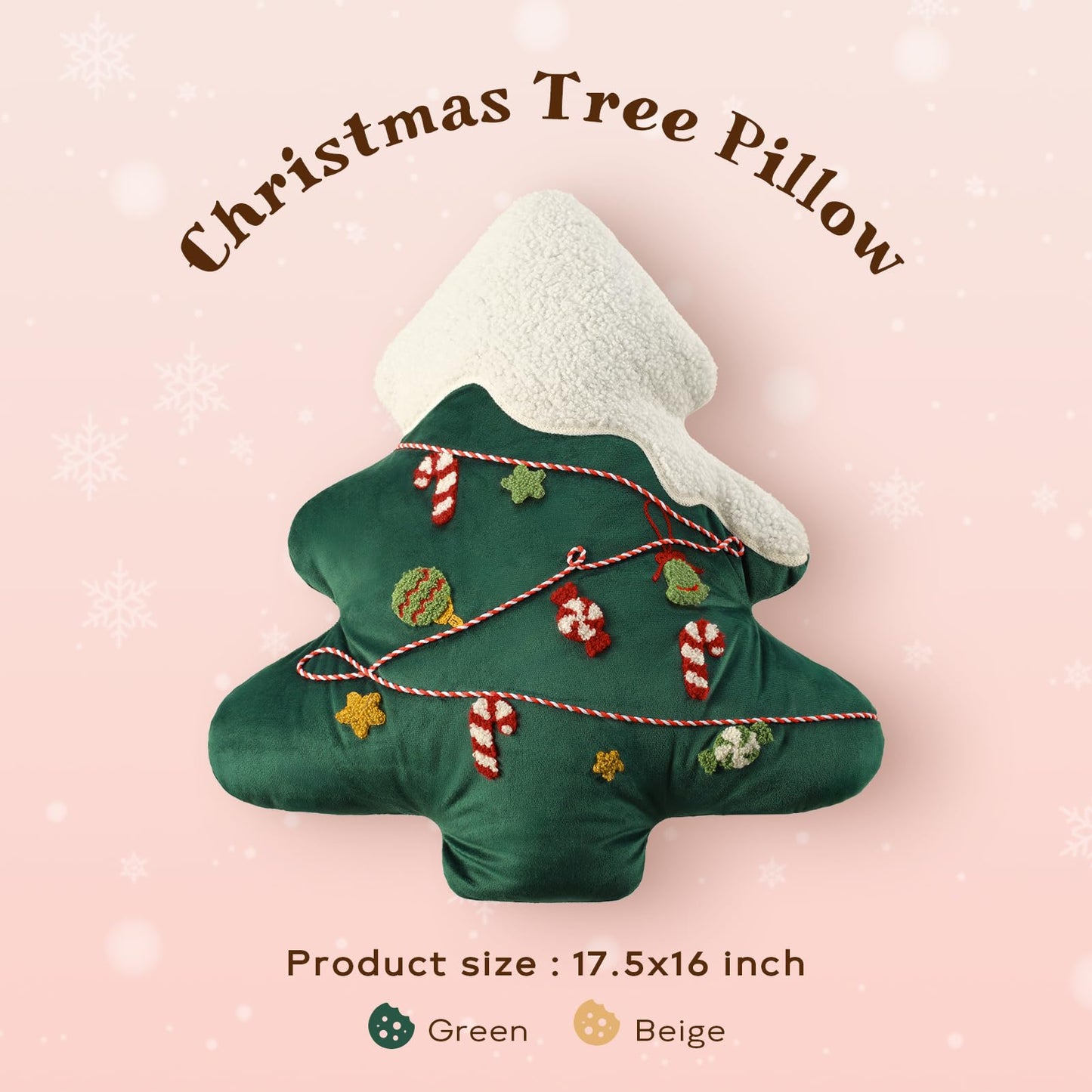 Ashler Merry Christmas Tree Shaped Pillow, Pine Tree Christmas Throw Pillow, White Teddy & Soft Velvet Xmas Decorative with Cute Embroidery, for Couch, Bedroom, Living Room, Green, 19x17 inches