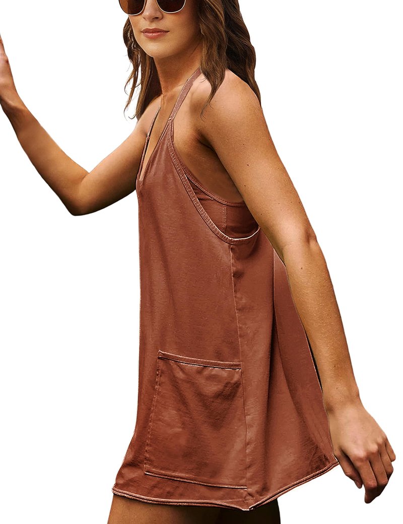 Lentta Womens Athletic Sleeveless Mini Dress with Built-in Shorts V Neck Sundress(Rust-XXL)