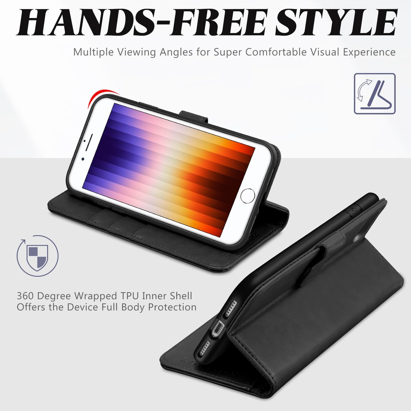 TUCCH Case Wallet for iPhone SE 2022/ iPhone 7/8/iPhone SE 2020, PU Leather 3 Card Slots Stand Magnetic Flip Folio Cover TPU Shockproof Inner Shell, Black