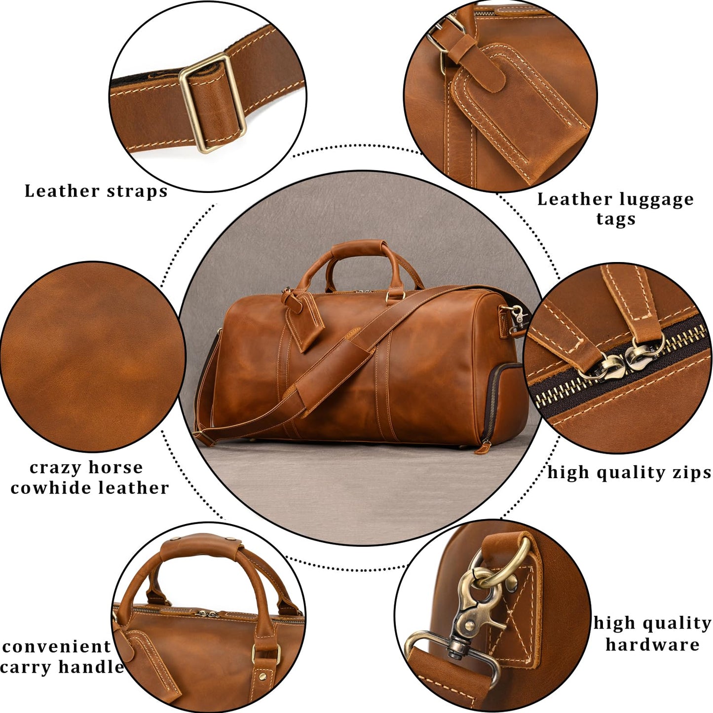 SAIION Leather Duffel Bags for Men and Women, 20 Inch Full Grain Leather Travel Overnight Weekend Duffel, 9804 Light Brown