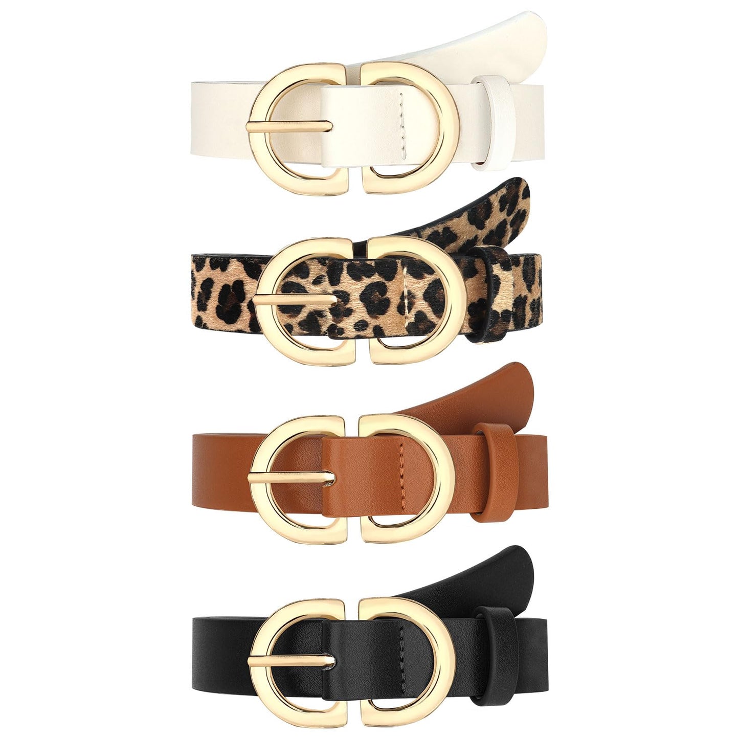 YARIEW 4 Pack Small Leather Belts for Women - Leopard Print Fashion Belt for Jeans, Pants, Dresses - Gold Buckle Waist Belt - Gifts for Ladies