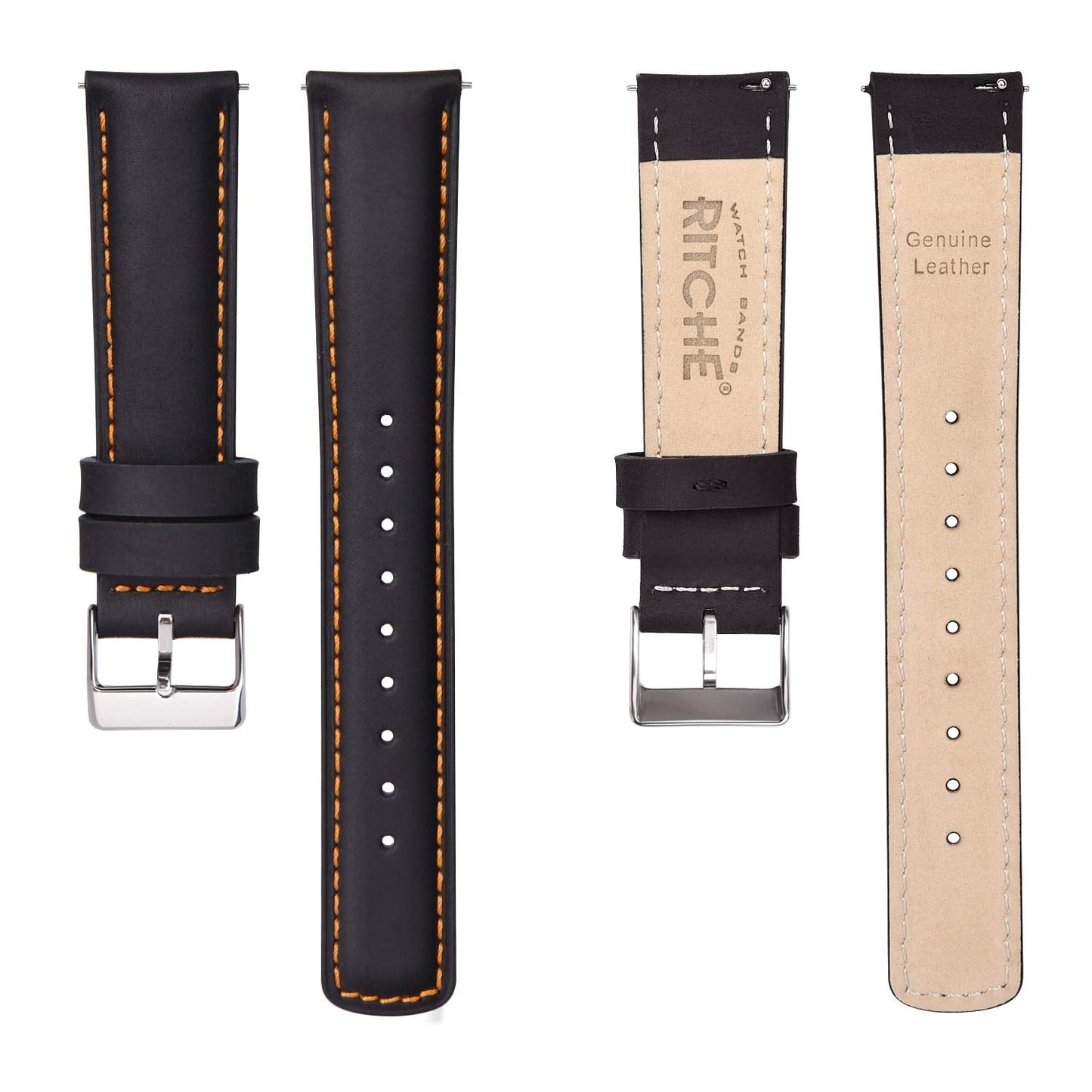 Ritche 18mm Leather Watch Band Compatible with Timex Expedition Fossil Seiko Leather Watch Bands for Men Women Black Watch Strap Blue Stitching, White Elephant Gifts, Stocking Stuffers for Men, Father's Day gifts