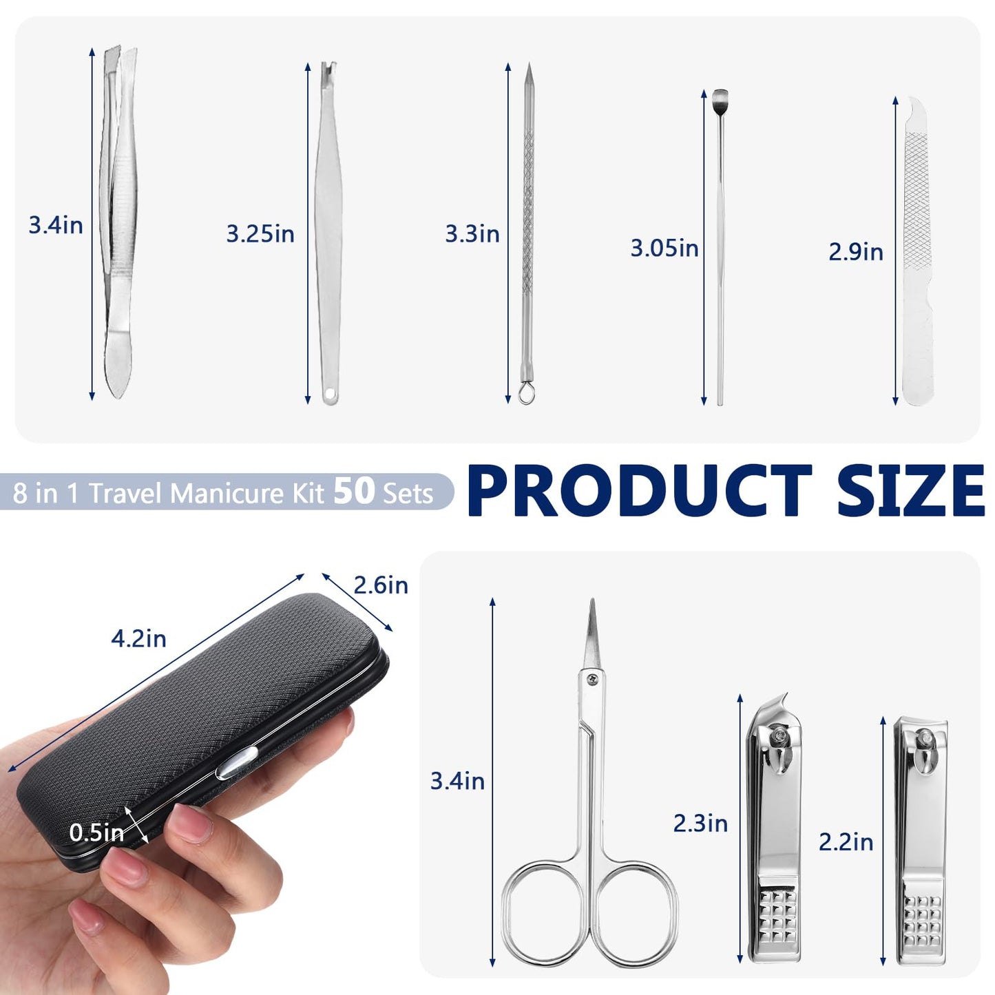 Geosar 50 Set 8 in 1 Travel Manicure Kit Bulk Professional Nail Clippers Pedicure Nail Care Tools Grooming Stainless Steel Set with Portable Travel Case, Gift for Valentine Men Women(Black)