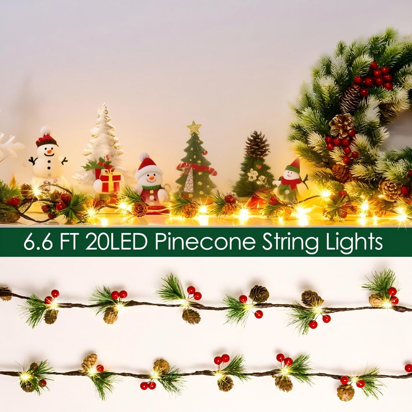 Christmas Pine Cones String Lights Battery Operated,6.6ft 20 LED Pinecone Fairy String Lights with Red Berry,Decor Lights for Indoor Fall Christmas Tree Garland Mantel Table Decoration (Warm White)