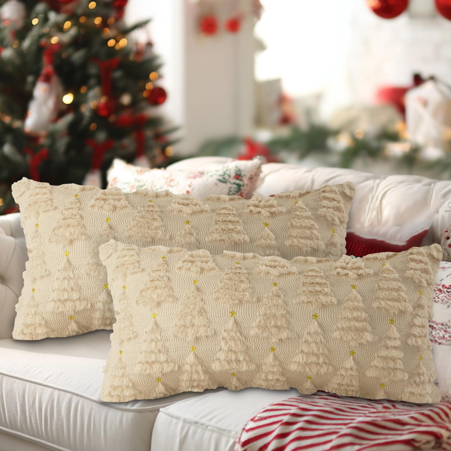 Lanpn Christmas 12x24 Throw Pillow Covers Set of 2, Winter Star Christmas Tree Throw Pillow Cases Soft Plush Faux Fur Wool 12 x 24 Winter Cushion Cover for Indoor Home Bedroom Couch Sofa Decor (Beige)
