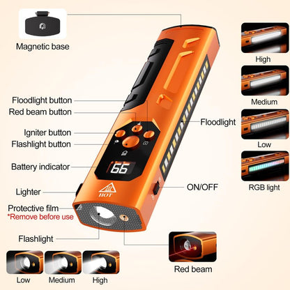 Rechargeable EDC Flashlight with Red Beam, Flat LED Flashlight with Magnetic Base and Clip, SOS&RGB Modes, Flameless Lighter, Pocket Size for Emergency, Camping, Hiking, Working