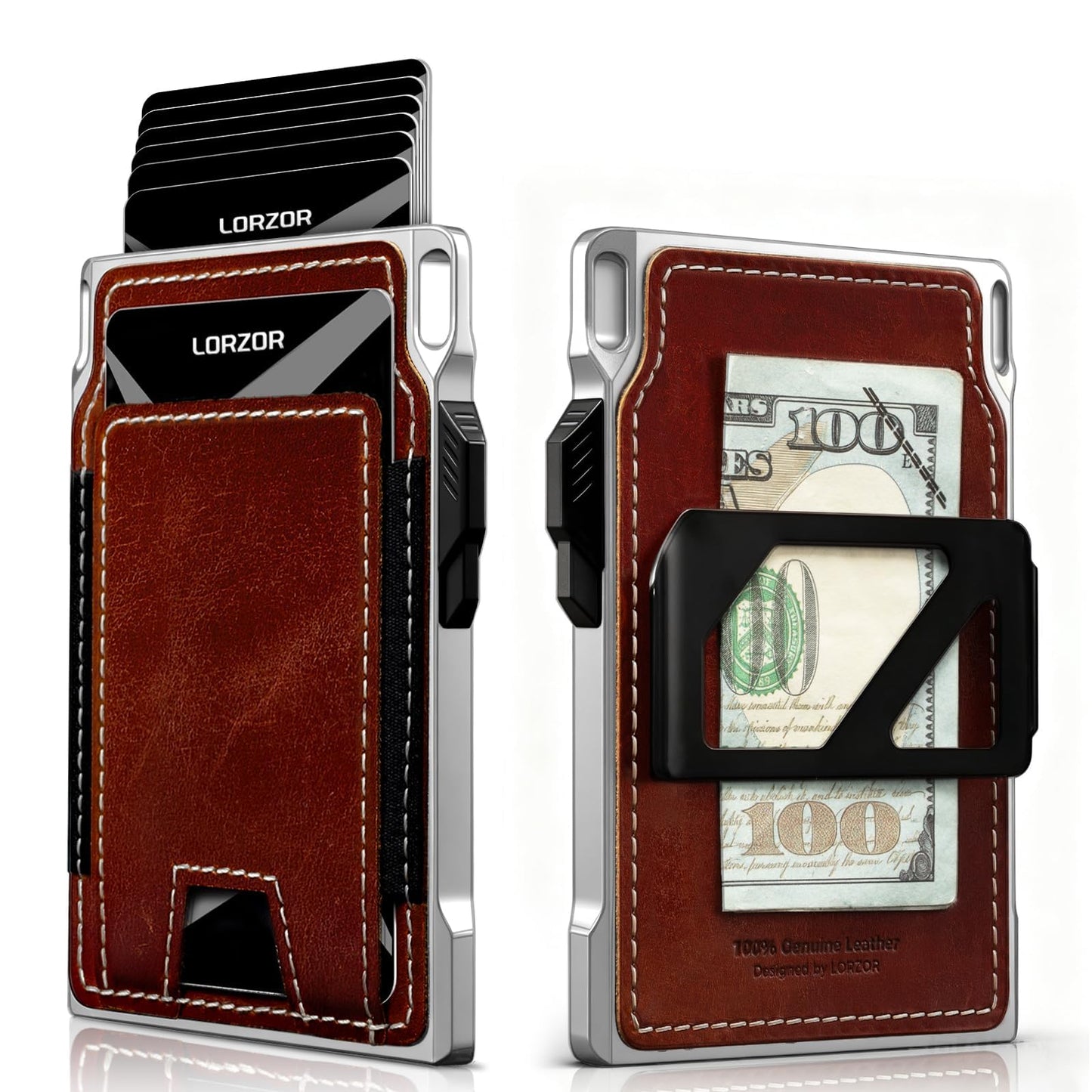 LORZOR Slim Tactical Wallet for Men- Minimalist Full Grain Leather Wallet for 10 Cards, RFID Blocking Aluminum Cardholder, Smart Pop Up Card Case, Front Pocket, Money Clip, Gift for Women Men