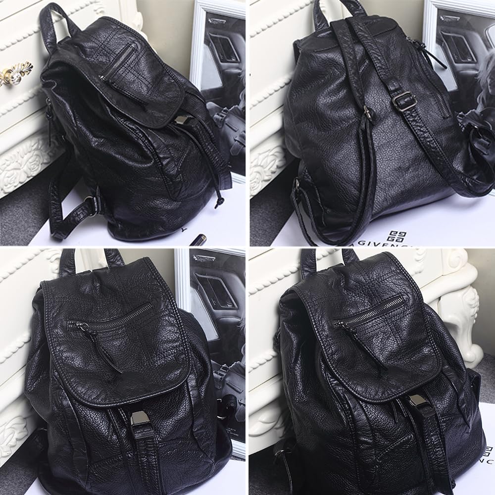 AlwaySky Women Hobo Drawstring Backpack Travel Daypack Satchel Soft Faux Leather Purse Shoulder Bags Black