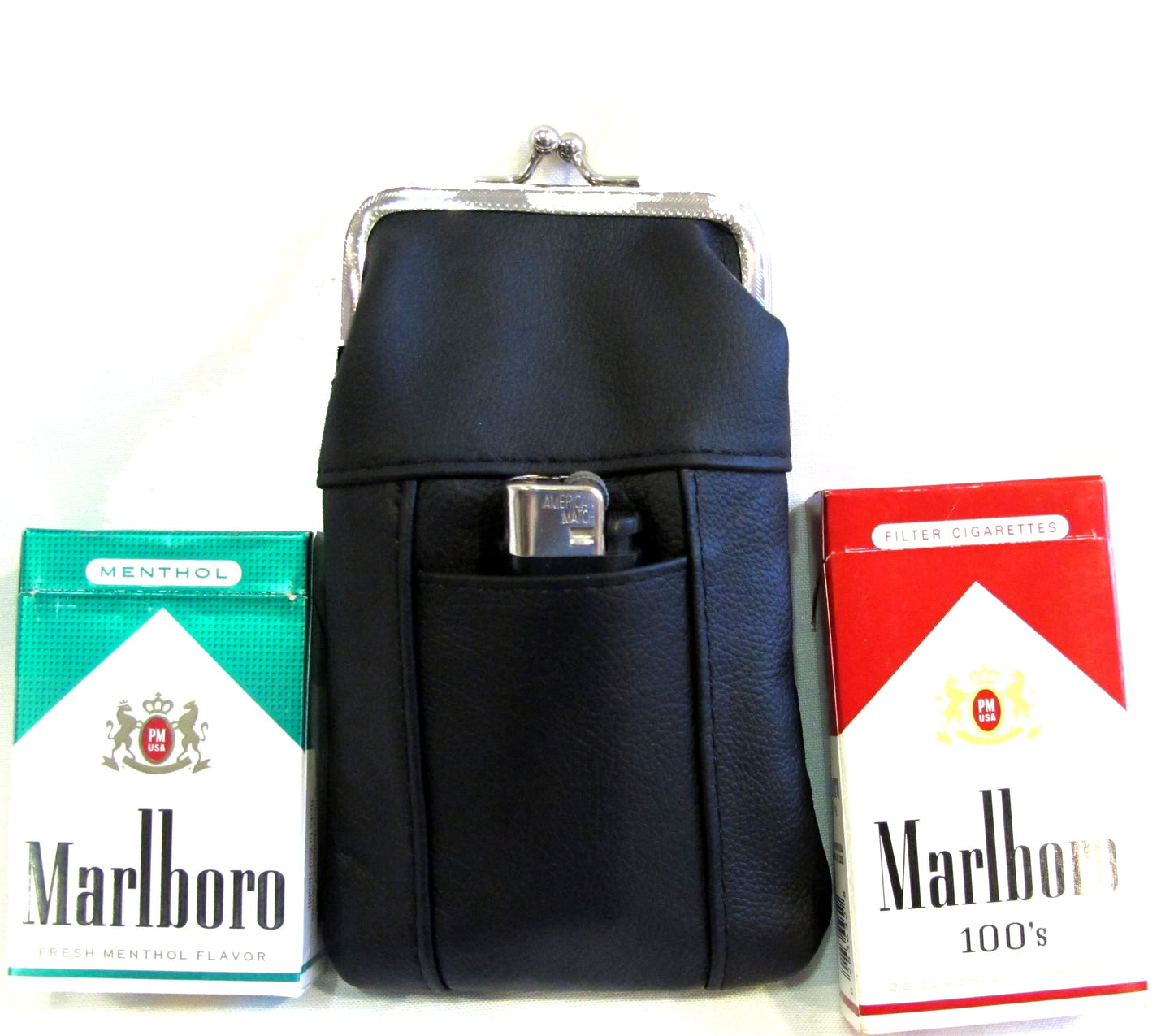 100's 120's 100% Genuine Leather Cigarette Case Lighter Pocket Kiss Lock Metal Twist Clasp Slim Durable -BLACK