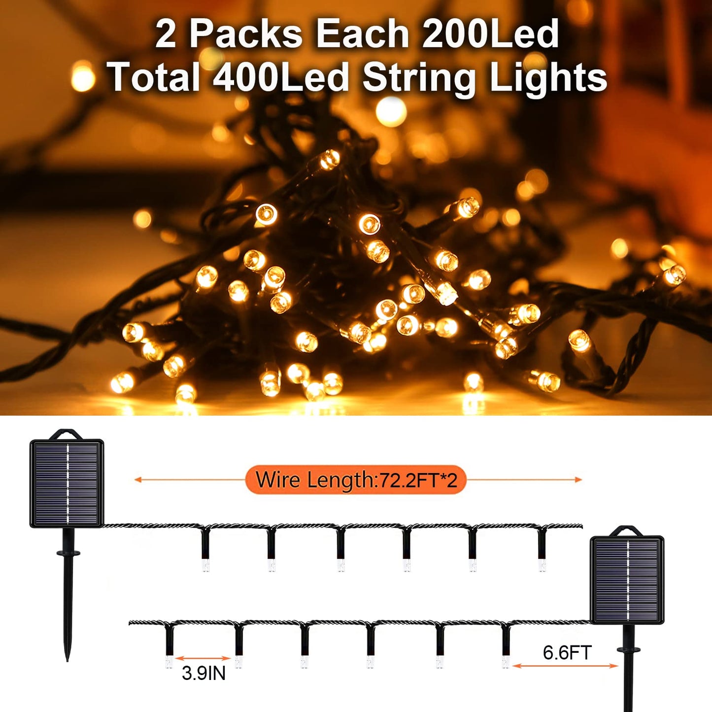 YAOZHOU Solar Christmas String Lights Outdoor Warm White 2 Pack, Total 400LED 151ft Fairy Lights with 8 Modes IP44 Waterproof Christmas Lights for Tree Garden Patio Wedding Party Yard
