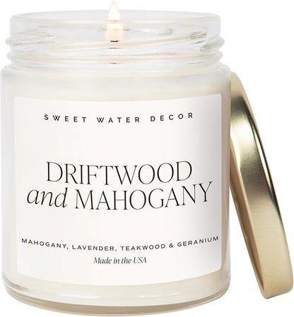 Sweet Water Decor Driftwood and Mahogany Soy Candle - Warm Mahogany, Fresh Lavender, Geranium, and Teakwood Scented Candles for Home - 9oz Clear Jar + Gold Lid, 40+ Hour Burn Time, Made in The USA