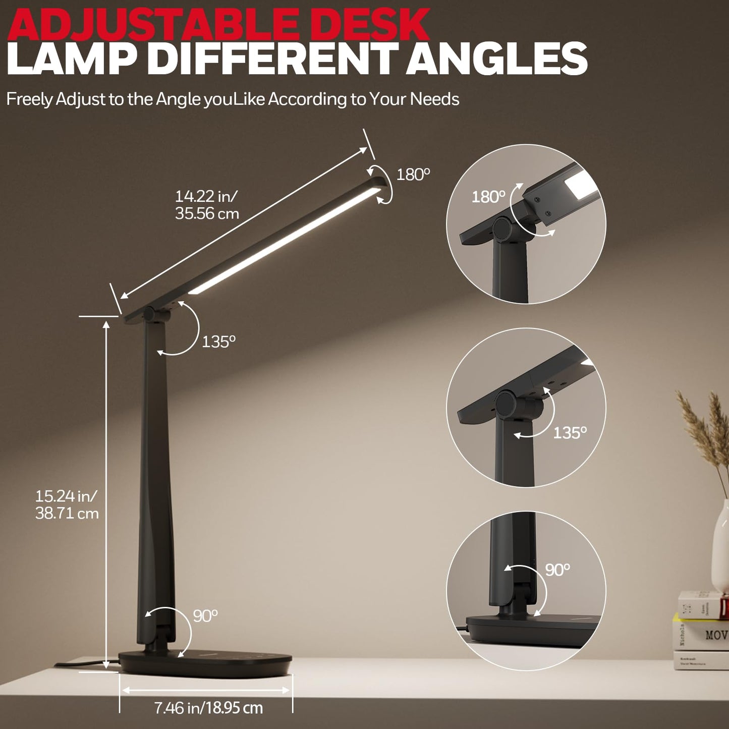 Honeywell LED Desk Lamp for Home Office, Eye-Caring Light with 4 Color Modes & Touch Control, USB A+C Charging Ports, Adjustable Rotating Head with Timer for Reading, Bedroom & Small Desks
