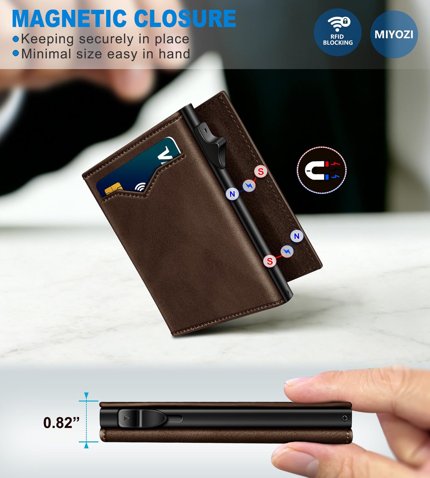 miyozi Wallet for Men,with Cash Pocket 2 ID Window 9-13 Cards,Metal Case Smart Slim Pop Up Credit Card Holder Flip with Magnetic Closure RFID Blocking Trifold wallet with Gift Box