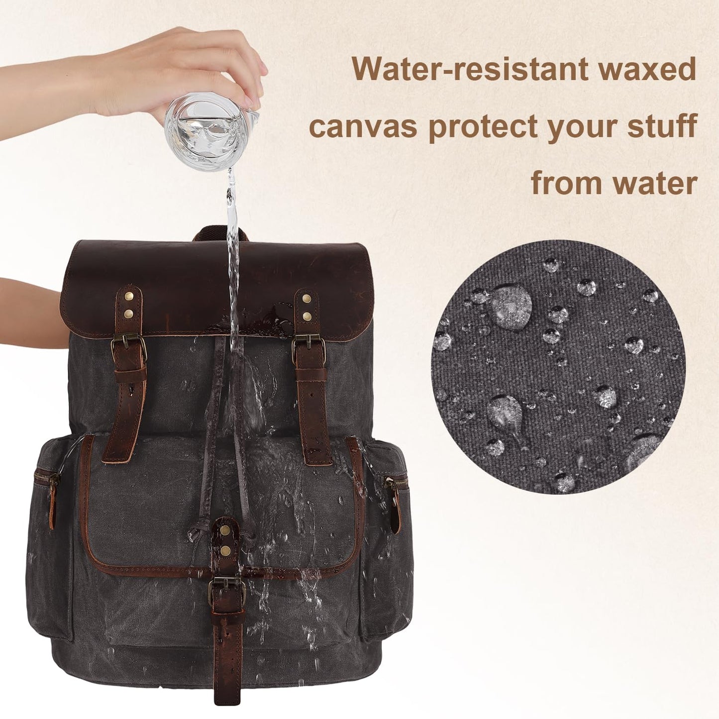 NEHOR Vintage Waxed Canvas Backpack Casual Genuine Leather Laptop Rucksack Shoulder DayPack for Travel/Hiking/School