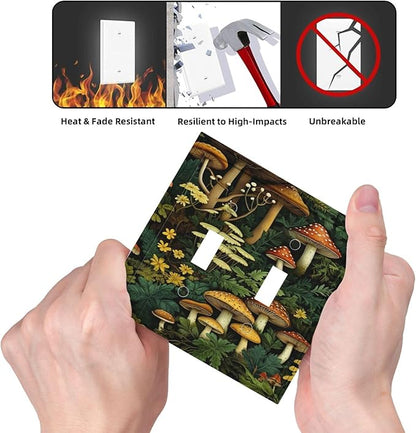 Mushrooms Forest Nature Botanical Art Light Switch Covers Double Toggle 2 Gang Wall Plate Dual Decorative Switchplate Electrical Faceplate for Farmhouse Living Room Decor