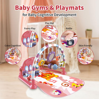 Baby Gym Play Mat, Piano Kick and Play Lights and Music Tummy Time Toys Infant Musical Activity Gym Mat for Visual, Hearing, Sensory, Gift Suitable for Newborns Aged 0 to 3 6 9 12 Months (Pink)