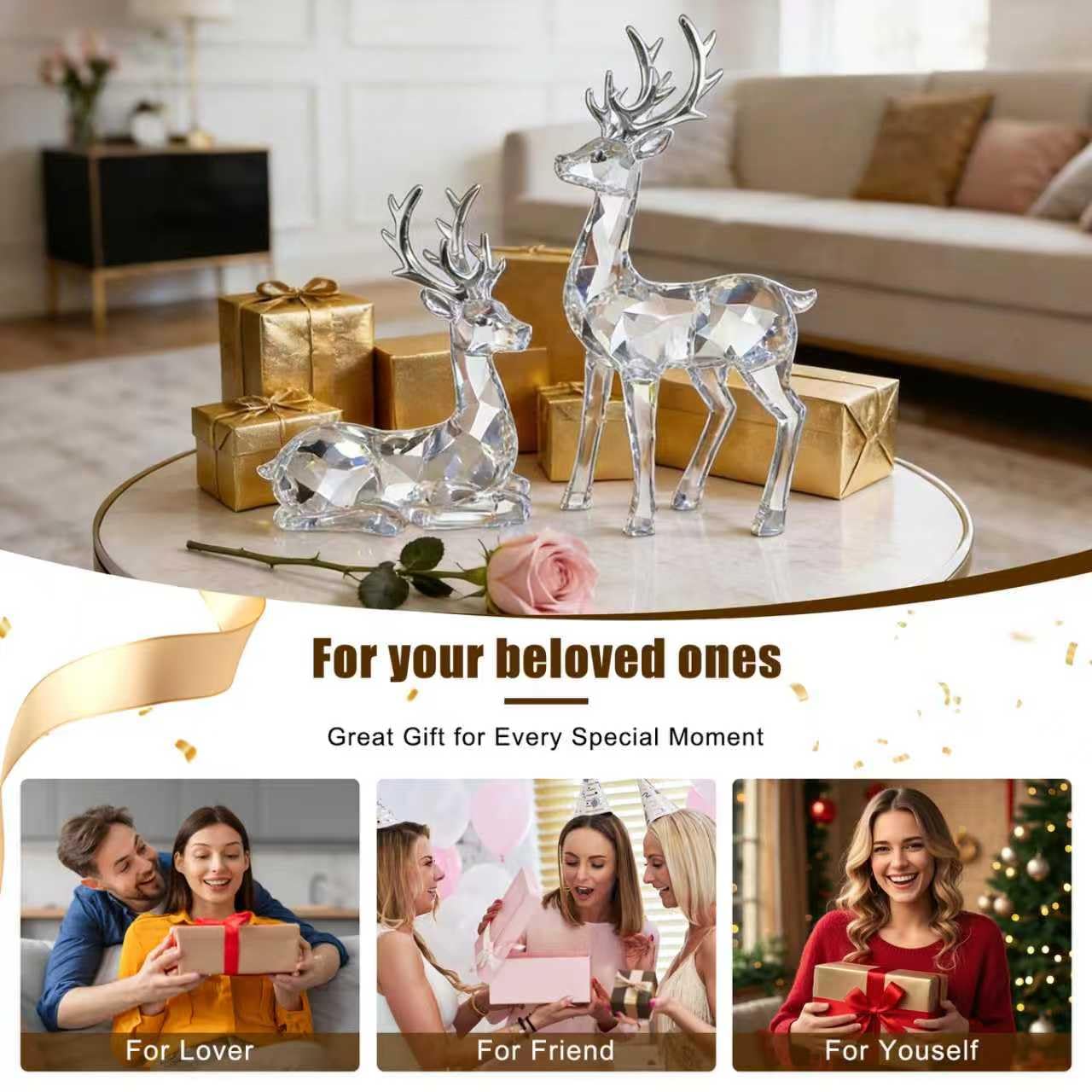 EverZenHub Christmas Decorations, Reindeer Figurines Set of 2 - Resin Deer Statues for Xmas Tabletop, Fireplace Mantel, Shelf Decor | Holiday Home Décor Ornaments & Gifts