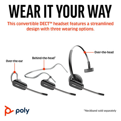 Poly CS540 Wireless DECT Headset (Plantronics) – Single Ear (Mono) Convertible (3 wearing styles) – Connects to Desk Phone – Noise Canceling Microphone – Amazon Exclusive
