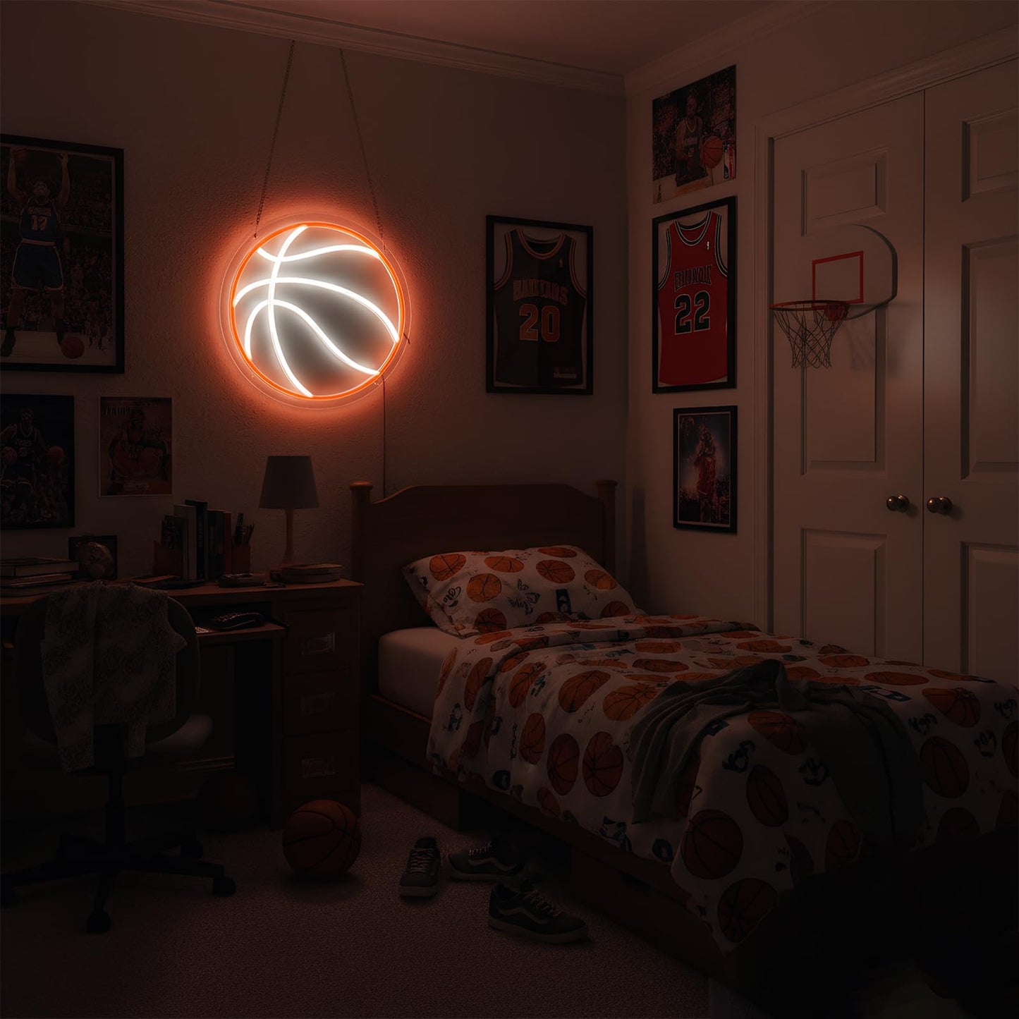 Basketball Neon Sign for Wall Decor, Dimmable LED Light for Bedroom Sports Room Decor, Basketball Gifts for Boys 8-12, 12.6 x 12.6 Inches