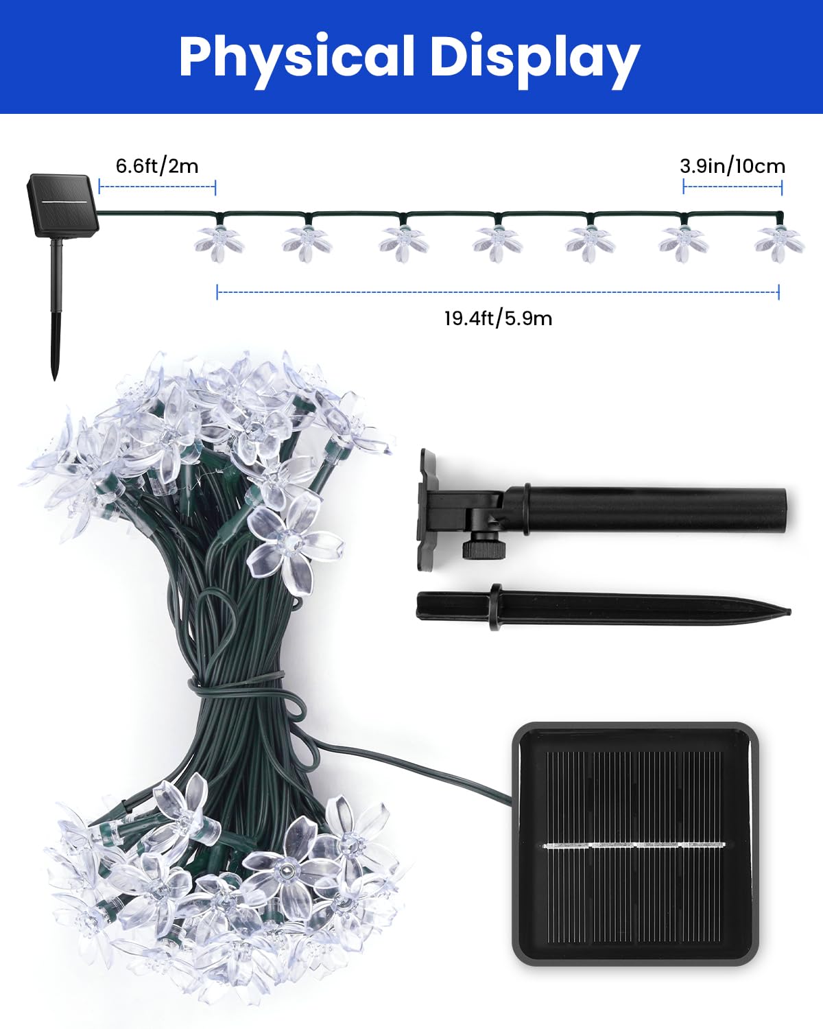 Brightown 60 LED Solar Flower String Lights for Outside Waterproof Fairy Lights for Garden Yard Fence Patio Christmas Tree Wedding Party Decor, Blue