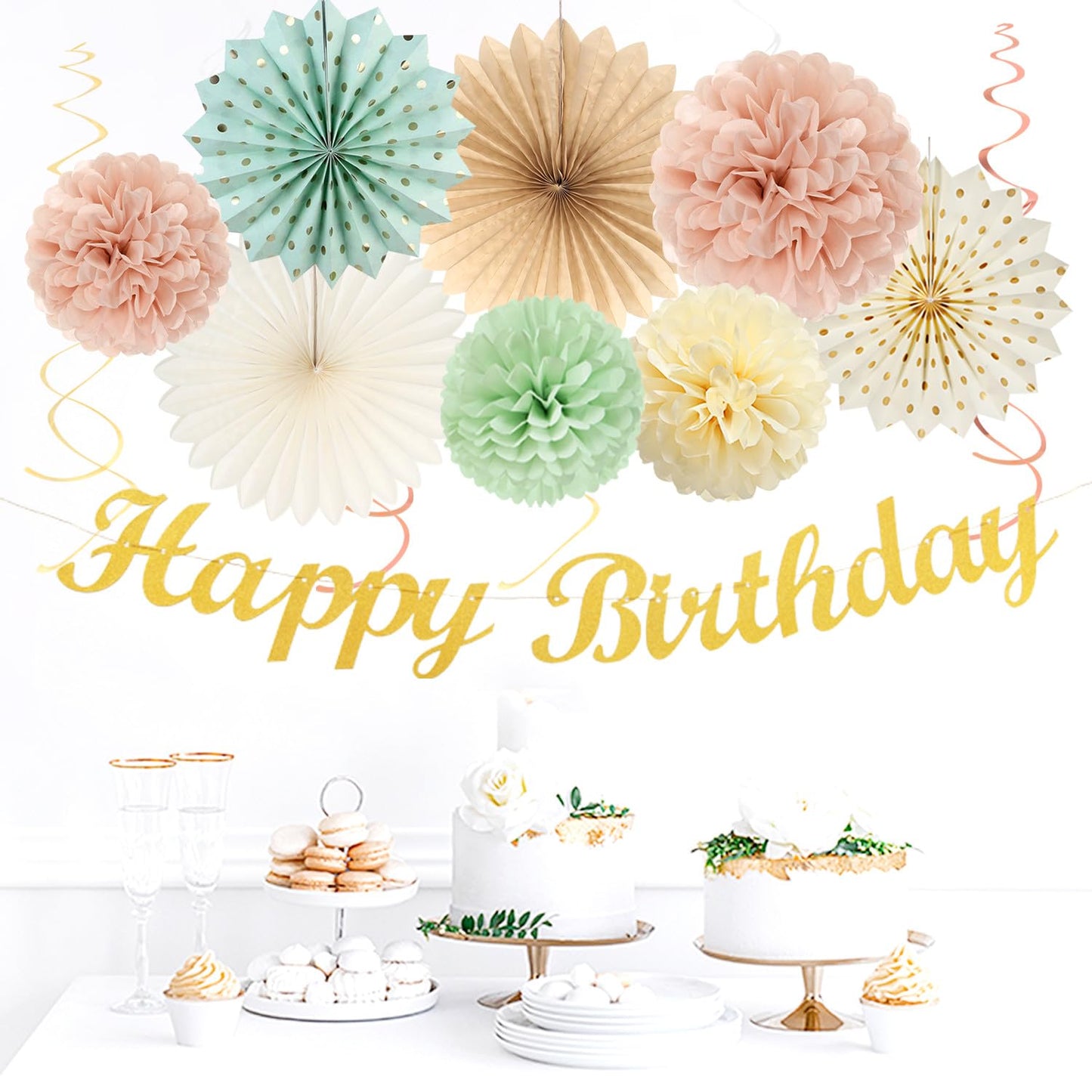 Sage-Green Blush-Pink Beige Birthday Party-Decorations - 21pcs Happy Banner,Cream Light Dusty Pink Paper Lanterns Pom Poms,Rustic Boho Neutral Streamers Garland,Women Girls Decor Supplies Huglony