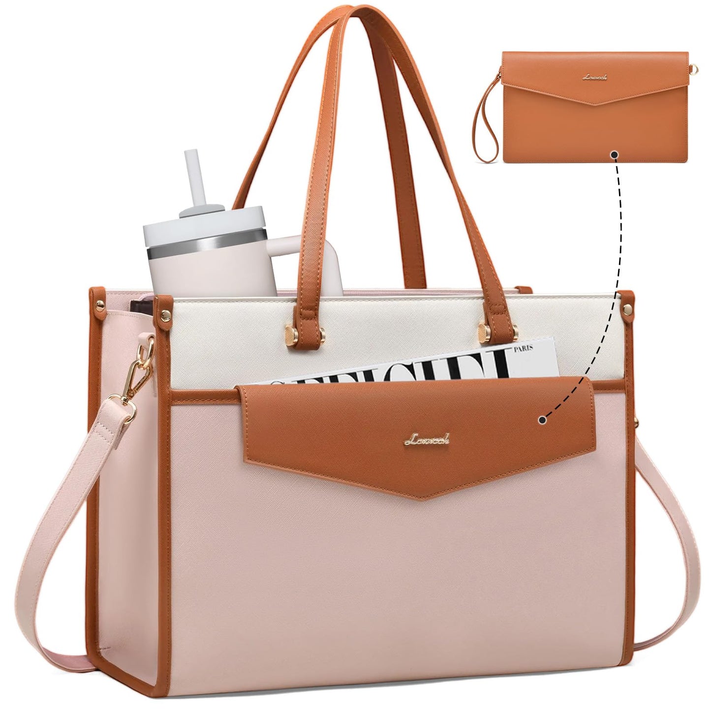 LOVEVOOK Laptop Bag for Women, 15.6'' Laptop Tote Purse 2-in-1 Professional Work Bag Business Briefcase with Clutch Purse, Waterproof Leather Computer Handbag for Teacher Office Travel