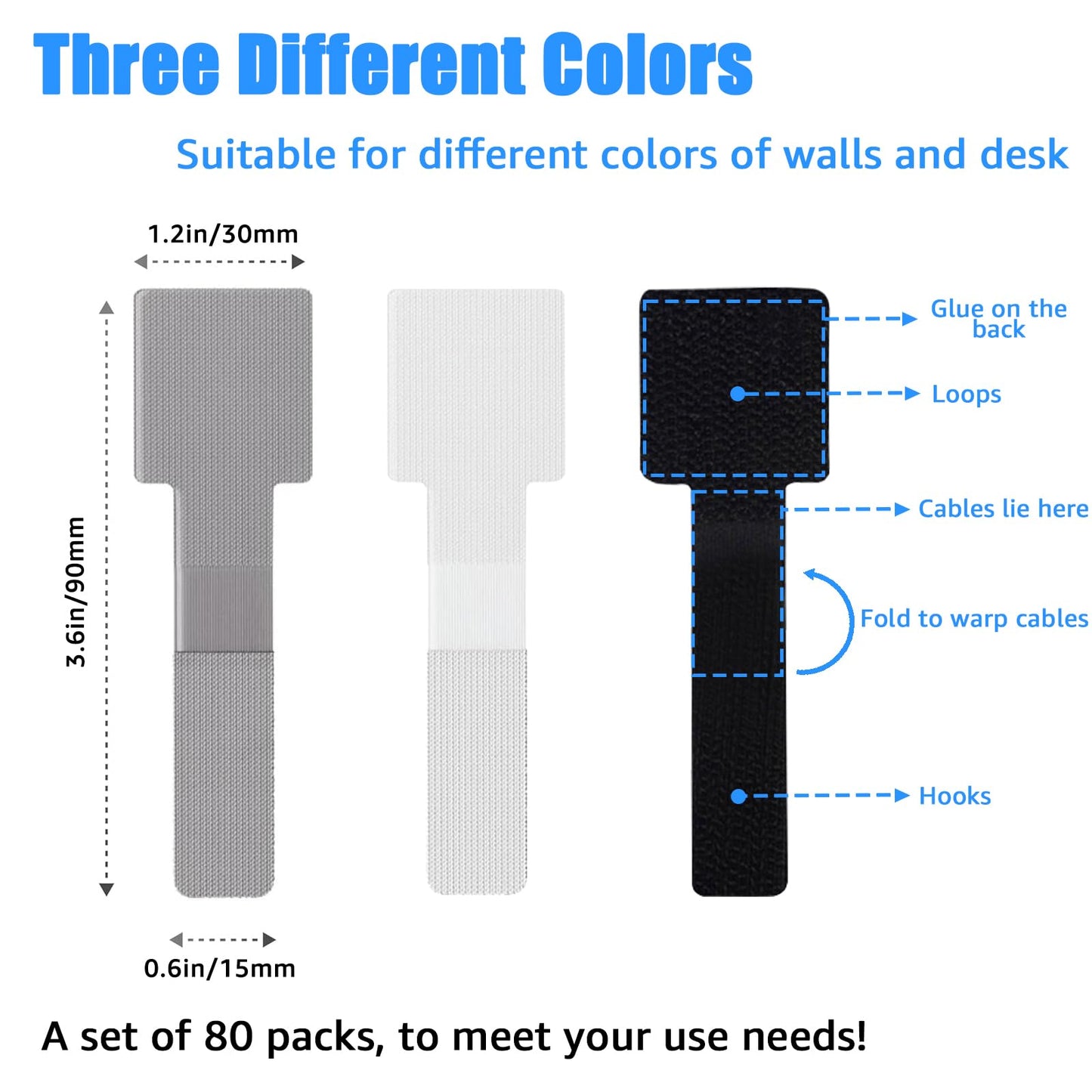 80PCS Hook and Loop Cable Ties, Under Desk Cable Management, Adhesive Cable Straps, Cord Management Hider Idea, Cord Organizer for Desk, Computer Accessories, Home Office Organization, Black+White