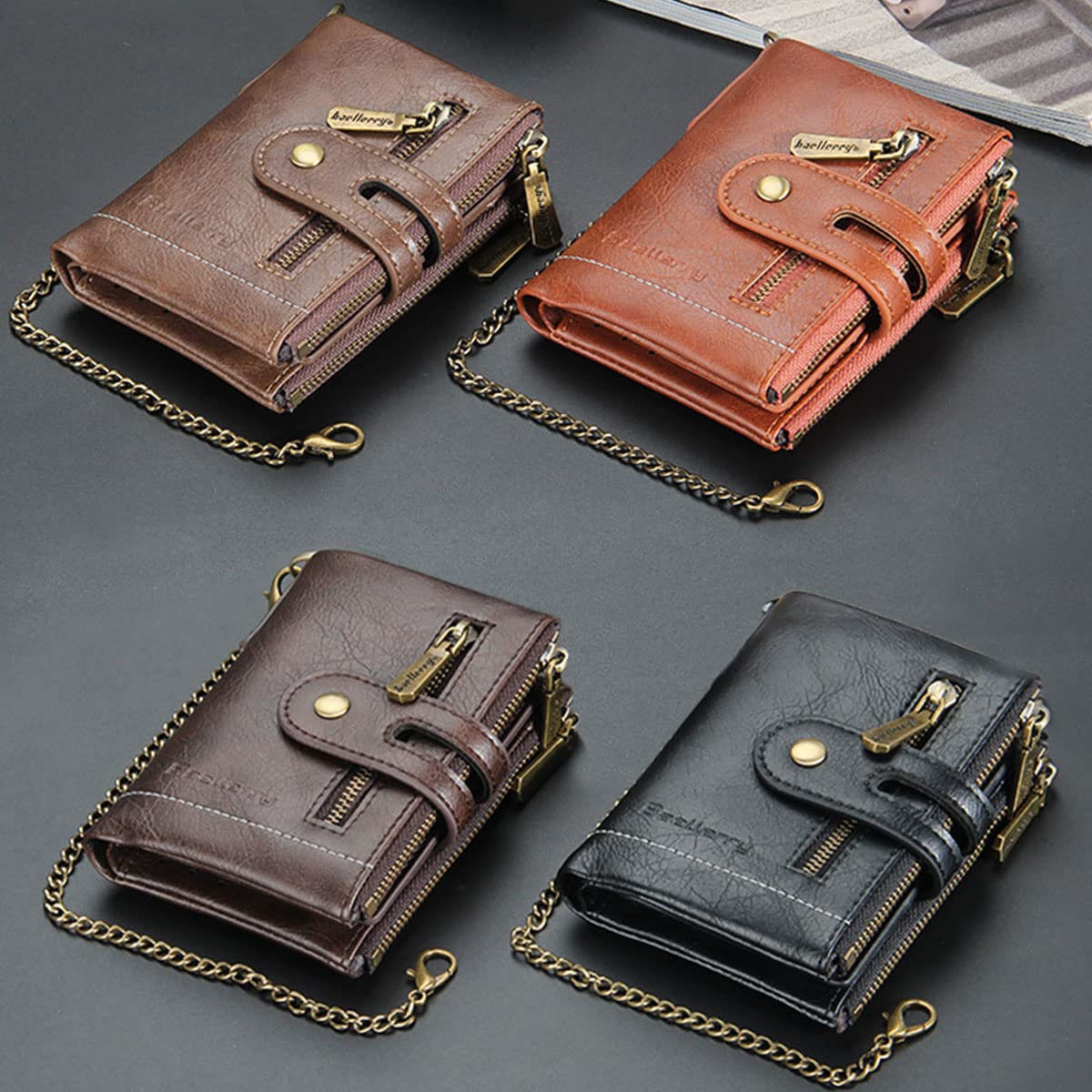 SUMGOGO Wallets for Men Bifold Leather Wallets with Chain RFID Blocking Double Zipper Coin Pocket Short Purse (Coffee)
