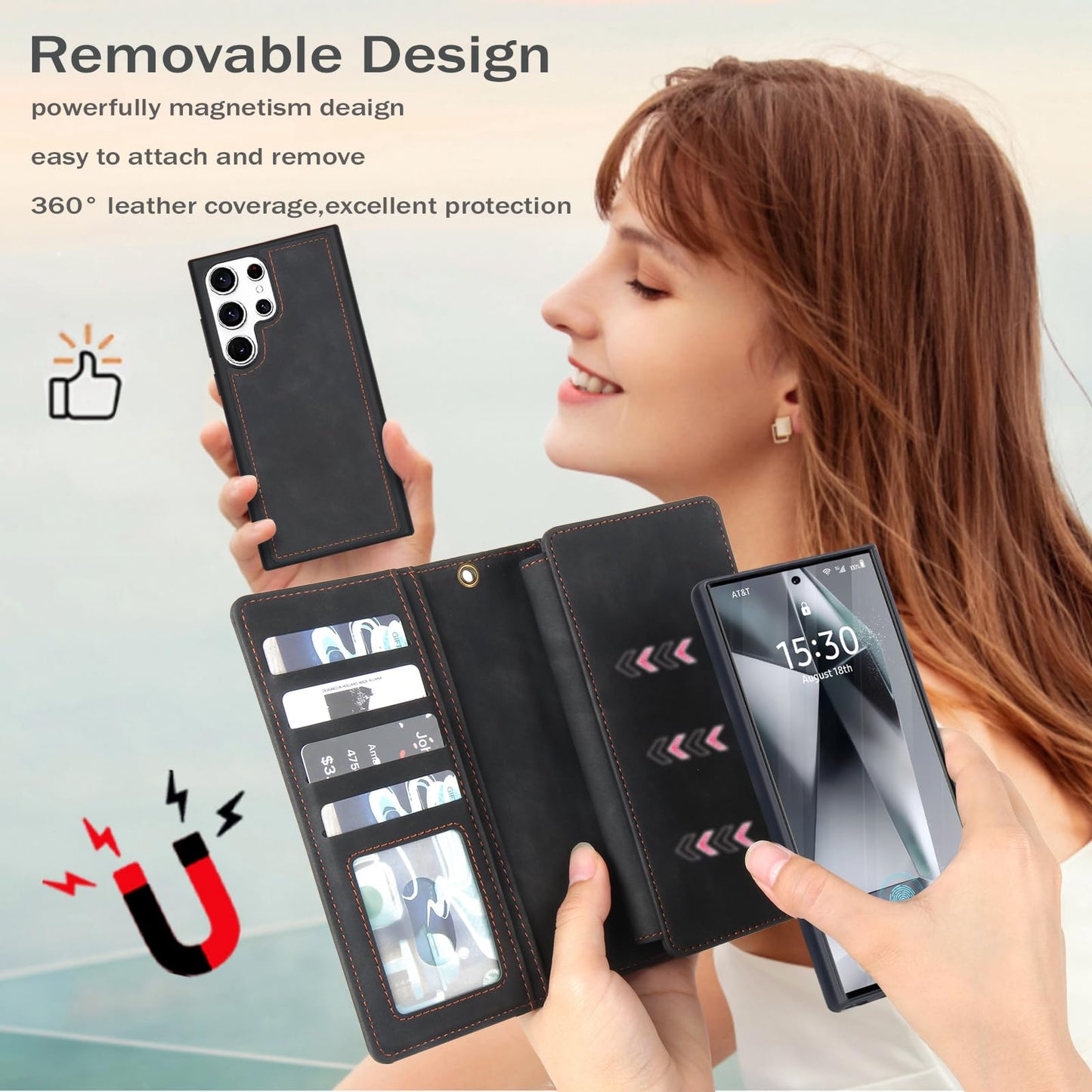 TwoHead for Samsung Galaxy S24 Ultra Wallet Case with Card Holder, Detachable Magnetic Phone Case for S24 Ultra,PU Leather All-Round Protective Phone Case Wallet with Wrist Strap,Black