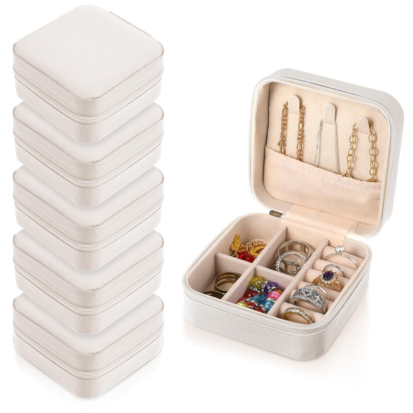 Nodaaiie 6 Pack White Travel Jewelry Case, PU Leather Mini Jewelry Organizer Box, Portable Earring Storage Box for Women, Girls, Bridesmaid Gifts(3.94 x 3.94 x 1.97 Inches)