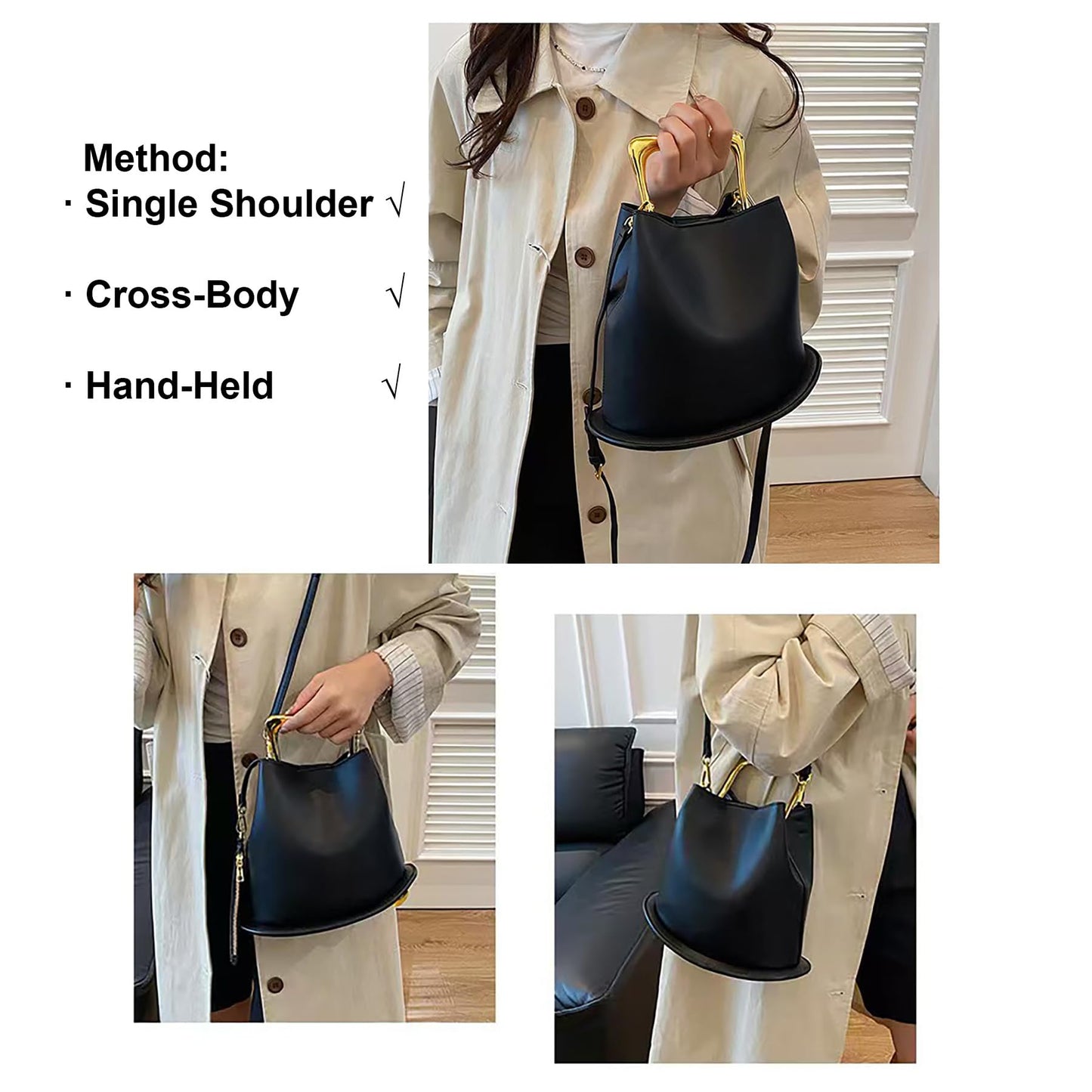 ZGRJSZDD Women Genuine Leather Handbag Crossbody Shoulder Purse Top Handle Bucket Bag, B Coffee