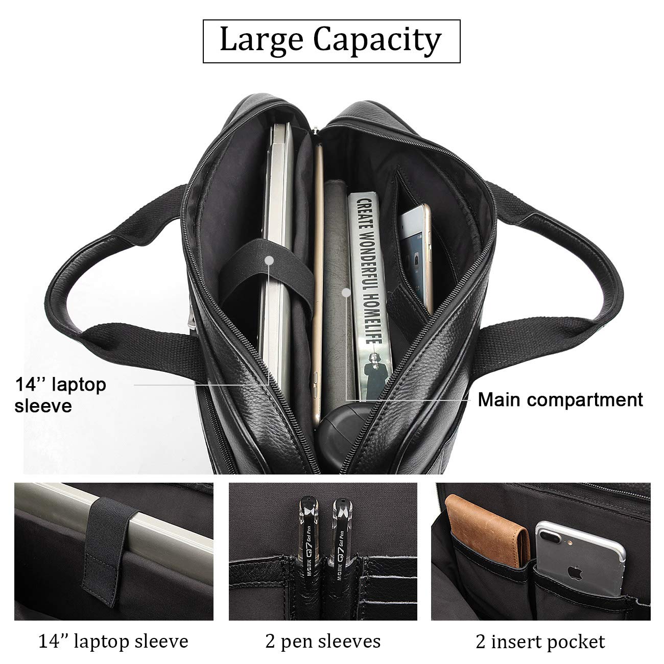 Augus Genuine Leather Messenger Bag for Men Vintage Travel Backpack 14 inch laptop Briefcase Shoulder Bags Black With YKK Metal Zipper