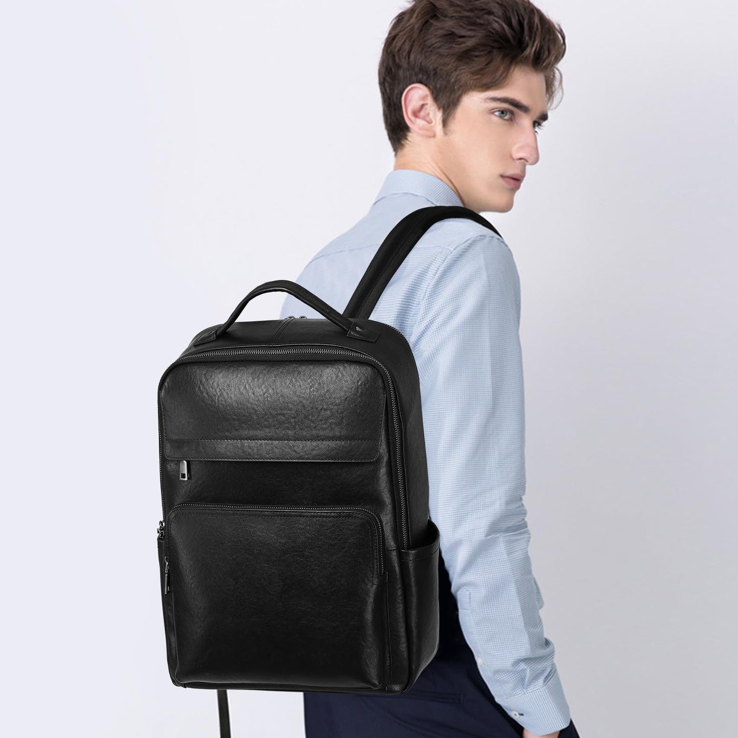 Wesccimo Veg-Tan Genuine Leather Backpack for Men Multi-Functional 15.6" Laptop Backpack, Black Business Travel Luxury Backpack Work Daypack