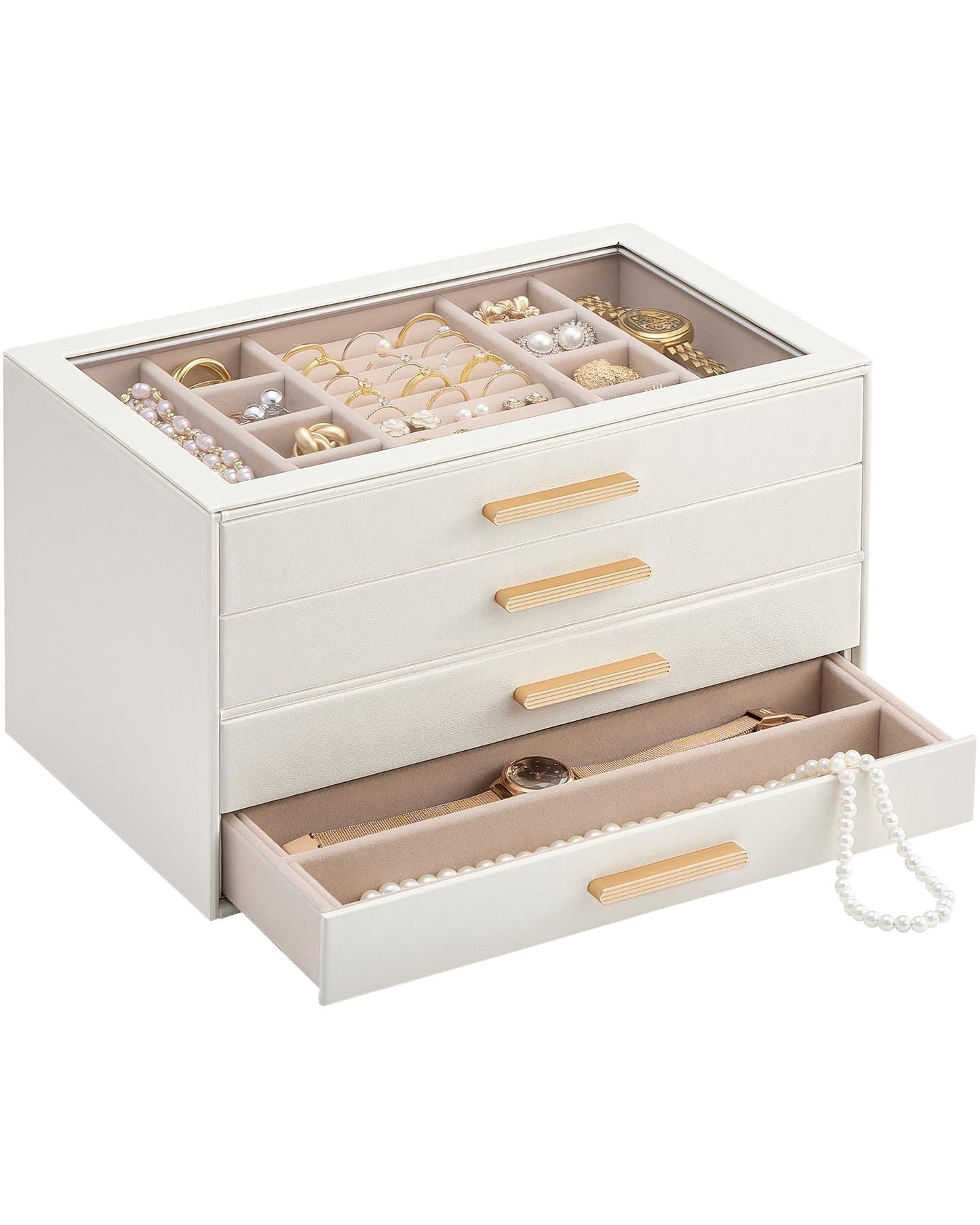 Lolalet Jewelry Box Organizer, 4-Layer Jewelry Organizers and Storage Case with Glass Lid, Ring Earring Bracelet Necklace Holder Organizer, Birthday Valentine Gifts for Women Girls -4Layer, Beige