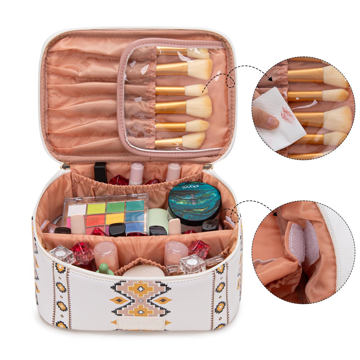 Montana West X Wrangler Travel Makeup Bag 2pcs Set Large Cosmetic Bag with Makeup Brush Holder Portable Make Up Organizer Cute Toiletry Bag with Divider and Handle for Women Aztec