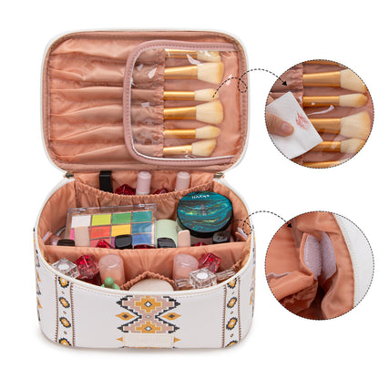 Montana West X Wrangler Travel Makeup Bag 2pcs Set Large Cosmetic Bag with Makeup Brush Holder Portable Make Up Organizer Cute Toiletry Bag with Divider and Handle for Women Aztec