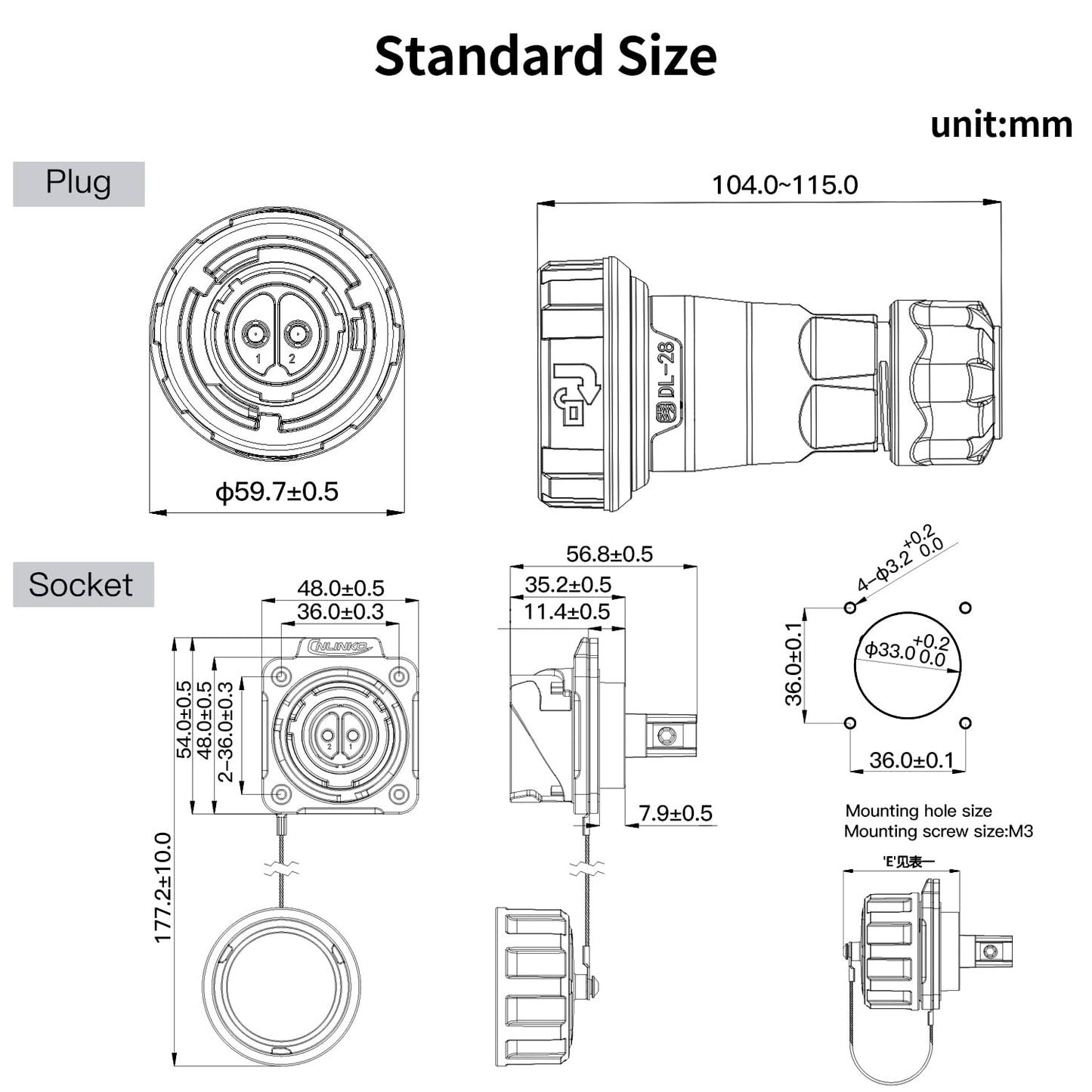 CNLINKO DL-28 50A Waterproof Connector 2-Pin Screw-Assembly High-Current Compact Size IP68 Push-Pull Locking Electrical Plug for Display Industrial Automation (Four-Hole Socket Set)