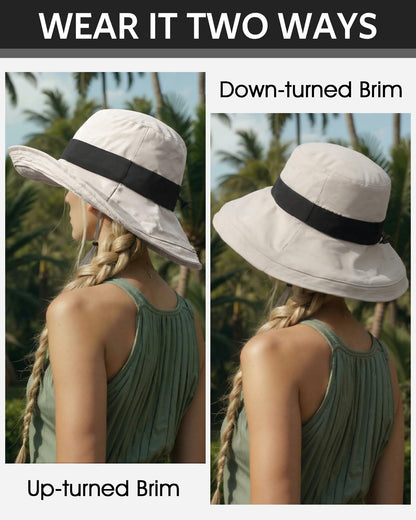 Senker Fashion Sun Hats for Women UV Protection, Waterproof Ponytail Wide Brim Bucket Hat for Summer Beach Gardening Travel Beige