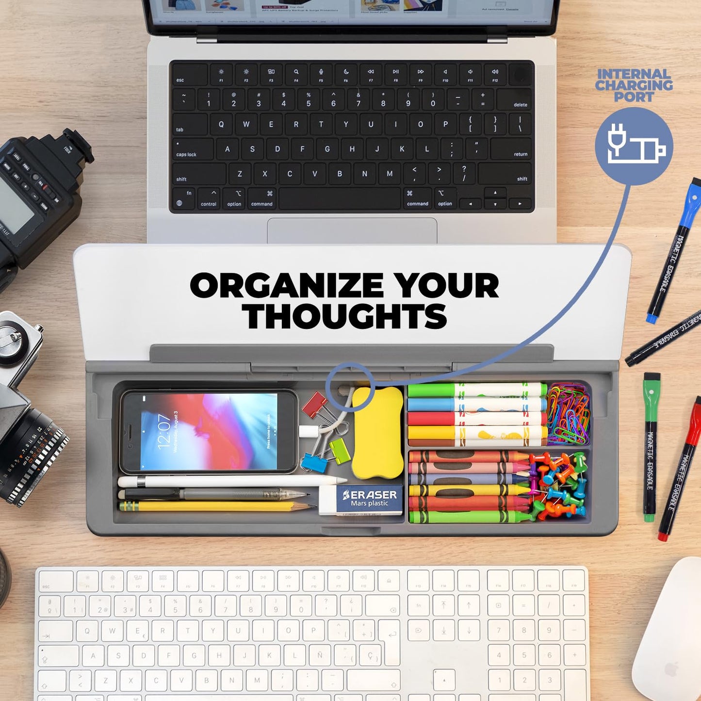 Desktop Whiteboard - Glass Dry Erase White Board - Desk Computer Buddy – Home Office & Studying Essentials - Desktop Pad with Phone & Tablet Slot, Storage Compartment - Includes 4 Markers, 1 Eraser