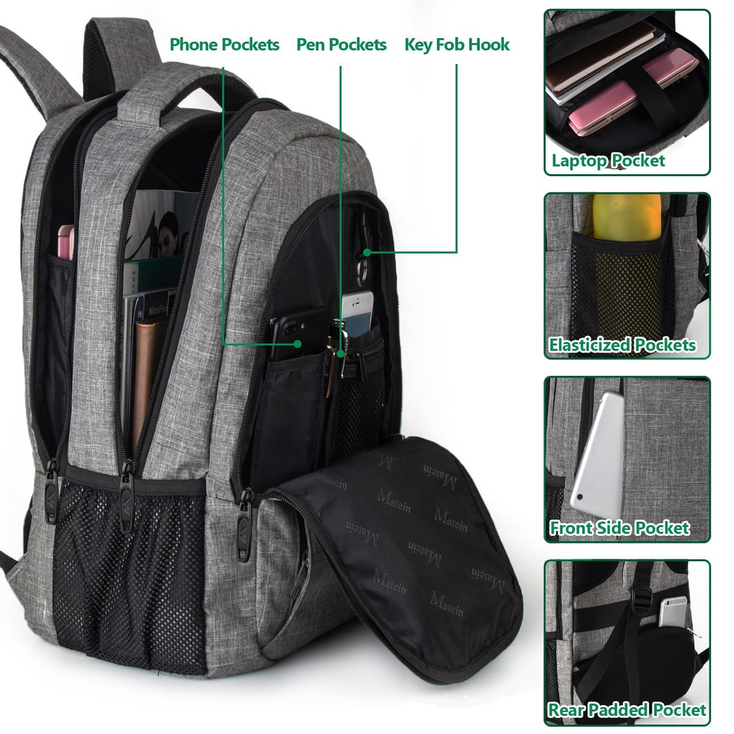 MATEIN Travel Laptop Backpack, Business Anti Theft Slim Sturdy Laptops Backpack Personal Item Bag, Water Resistant College School Computer Bag Gift for Men & Women Fits 15.6 Inch Notebook, Grey